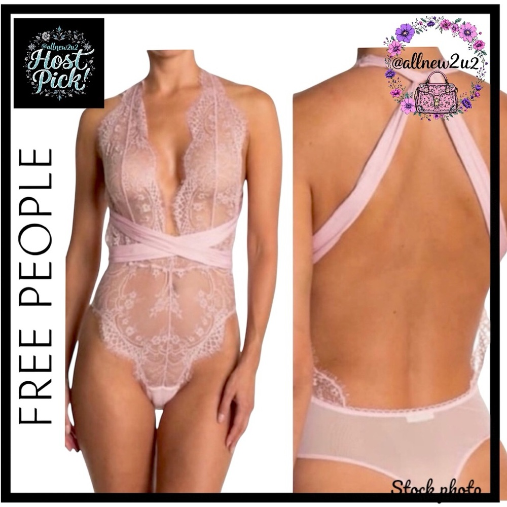 New Free People Eyelash Lace Pink Bodysuit. Crisscross Straps MultiHP